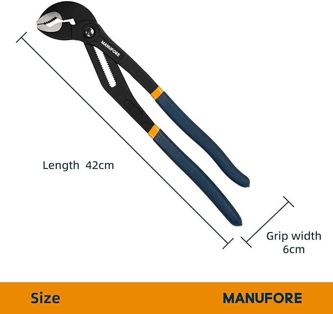 MANUFORE 16 Inch Water Pump Pliers Heavy Duty Tongue and Groove Pliers | Quick Release Design, Deep V-Jaw Teeth for Firm Grip, Comfort Grip and High Carbon Steel for Gripping Pipes, Rods, Shafts