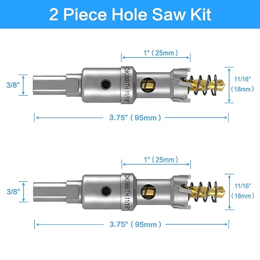 DKIBBITH TCT Hole Saw Set, 2-Pack 11/16" (18mm) Heavy Duty Tungsten Carbide Tipped Hole Cutters for Stainless Steel, Copper, Iron, Brass, Plastic with Titanium-Plated Pilot Drill Bits