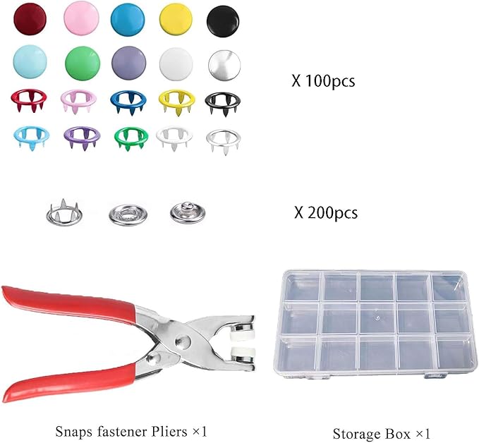 200 Sets Metal Snap Buttons Kit with Fastener Pliers Press Tool - 800 PCS 9.5mm Snap Fasteners for DIY Crafts, Clothing, Hats, Sewing, and Fabric Projects (Mix)