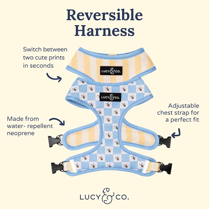 Lucy & Co. Reversible Dog Harness - Water-Repellent Neoprene, Dual-Print Design, Easy Swap Style, Adjustable Comfort Fit - Bumbling Around Reversible Harness - Large