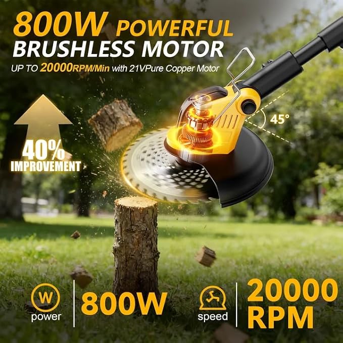 Electric Weed Wacker Cordless, Electric String Trimmer with 3 Types Blades & Removable Auxiliary Wheels, Brush Cutter & Grass Trimmer & Lawn Edger with for Garden Yard (YellowA)