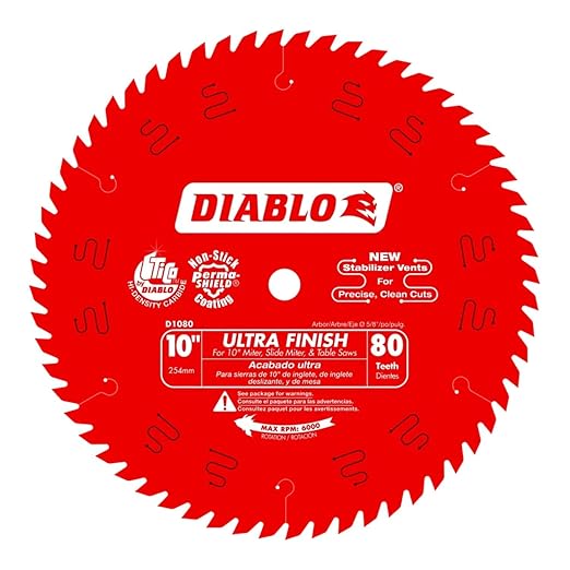Diablo Ultra Finish Saw Blade for Wood - 10" Diameter, 80 Hi-ATB Teeth, 5/8" Arbor, .098" Kerf, 15-Degree Hook Angle, .071" Plate, 6000 Max RPM - D1080X