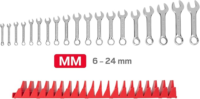 TEKTON Stubby Combination Wrench Set, 19-Piece | WCB95404 | (6 - 24 mm), Modular Organizers, Chrome Finish
