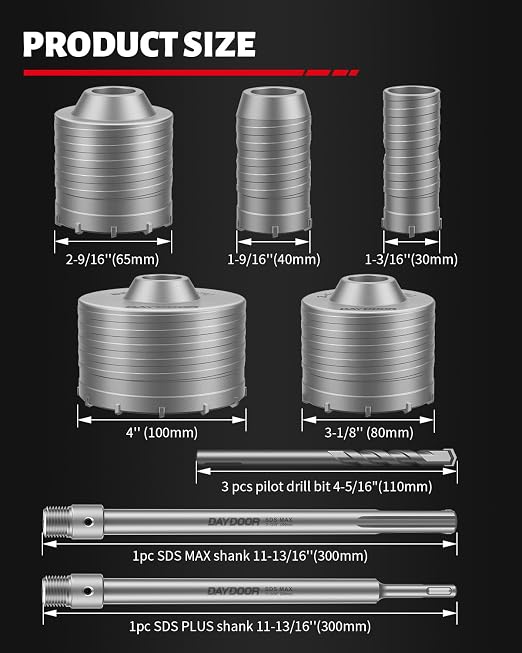 DAYDOOR Concrete Hole Saw Kit, 10-Piece Masonry Hole Saw Kit SDS Plus & SDS Max Shank Adapter, 1-3/16", 1-9/16", 2-9/16", 3-1/8", 4" Core Drill Bits Set for Brick, Cement Wall, and Stone