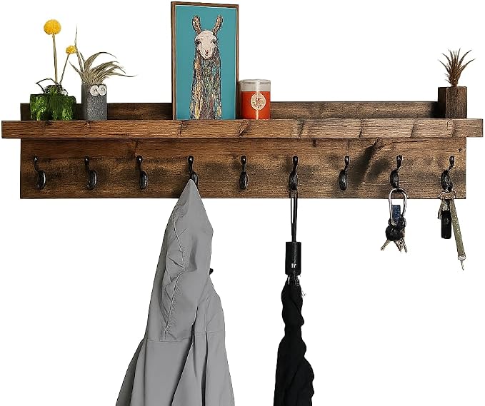 Coat Rack with Shelf Wall Mounted with Storage (Choose Your Length) Towel Rack Entryway Organizer Key Hooks (48" L (11 Hooks))