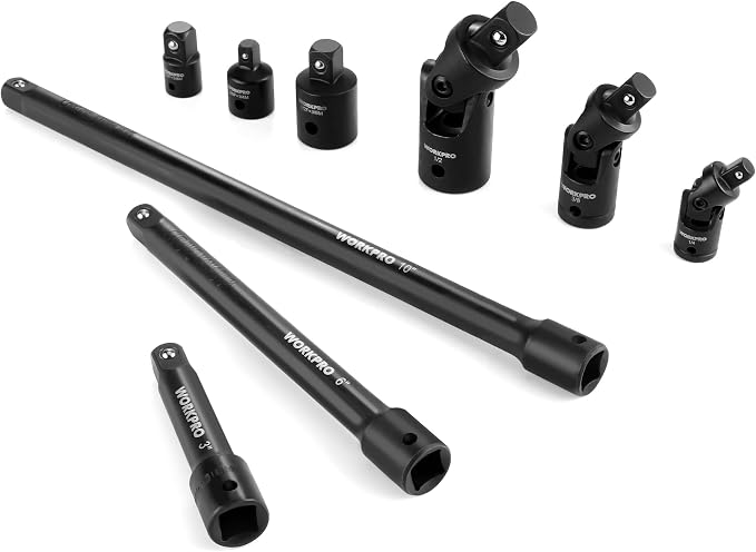 WORKPRO 9-Piece Impact Socket Extension Set, 1/4", 3/8" & 1/2" Drive, CR-V | 3/8" Drive Extension Bar Set, Universal Joints and Adapters, Black Phosphate Finish