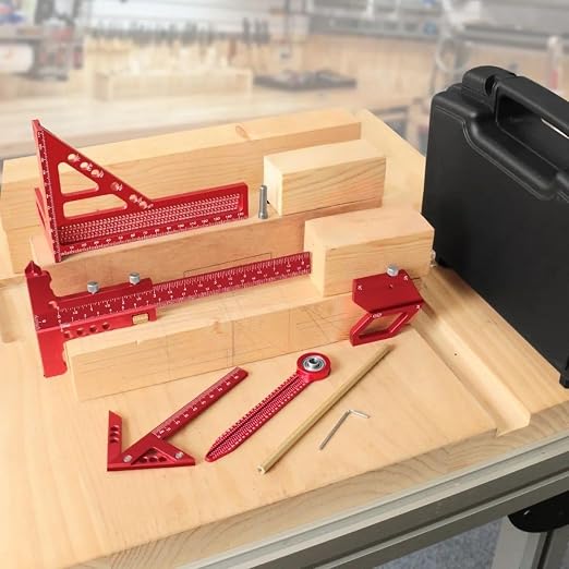 Woodworking Measuring Tools with Box, Aluminum Scribeing Ruler, Multi-Purpose Marking Ruler, Precision Layout Measuring Tool Carpentry Square Kits for Engineer Carpenter (6pcs with Box)