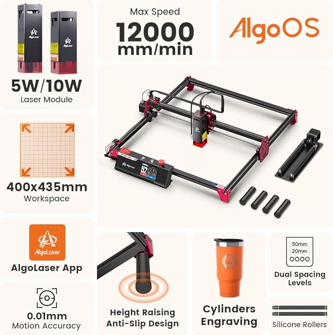 Algolaser 10W Laser Engraver Machine - Laser Engraver/Cutter with Rotary Roller & Laser Engraver Riser - Laser Engraving Machine with 3.5" Smart Touchscreen & AlgoOS,Laser Engraver for Wood & Metal