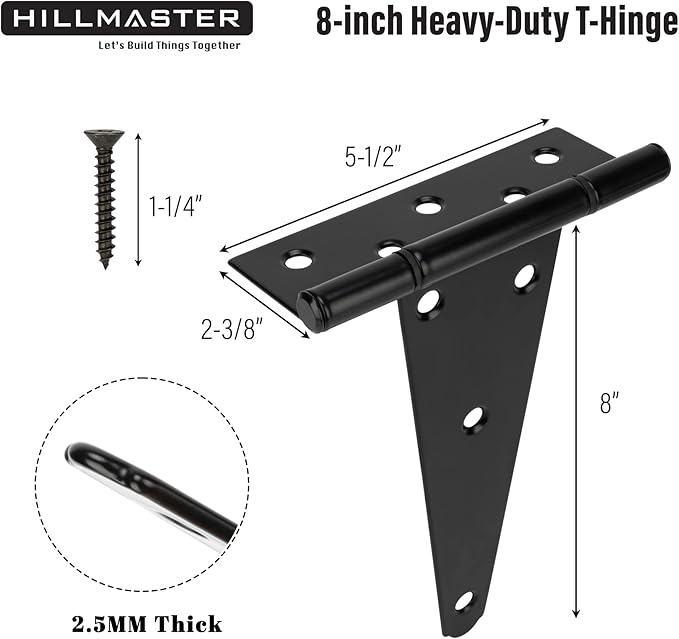 HILLMASTER 8 Inch T-Strap Heavy Duty Shed Door Hinges Gate Strap Hinges Black Tee Hinge Wrought Hardware for Wooden Fences,Yard,Barn Door,Rustproof (2 Pack)