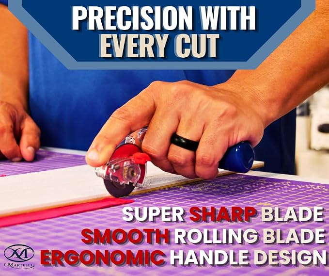 Martelli - Right Handed 60mm Ergonomic Fabric Rotary Cutter for safe pain free fabric cutting - sewing, quilting, fashion design notions & supplies good for arthritis carpal tunnel wrist pain