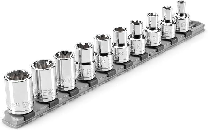 TEKTON 1/2 Inch Drive External Star Socket Set, 10-Piece | SHD92117 | (E8 - E24), Shallow, Socket Rail