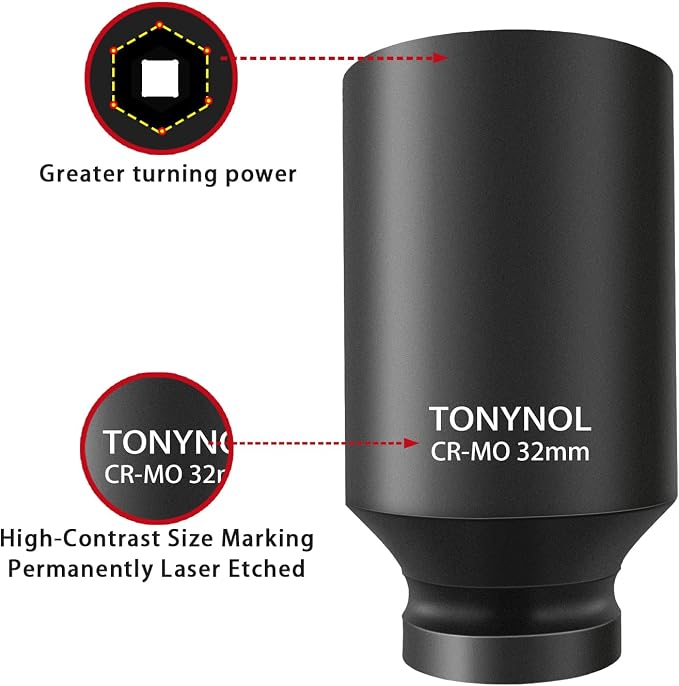 TONYNOL 1/2 Inch Deep Drive Impact Socket Set,6-Point,Metric (10mm-32mm),14 Pcs,Cr-Mo Steel,With a Storage Case