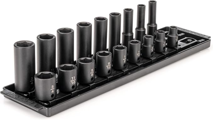 TEKTON 3/8 Inch Impact Socket Set, 18-Piece | SID91208 | (5/16 - 3/4 in.), Shallow and Deep, 6-Point, Socket Rail