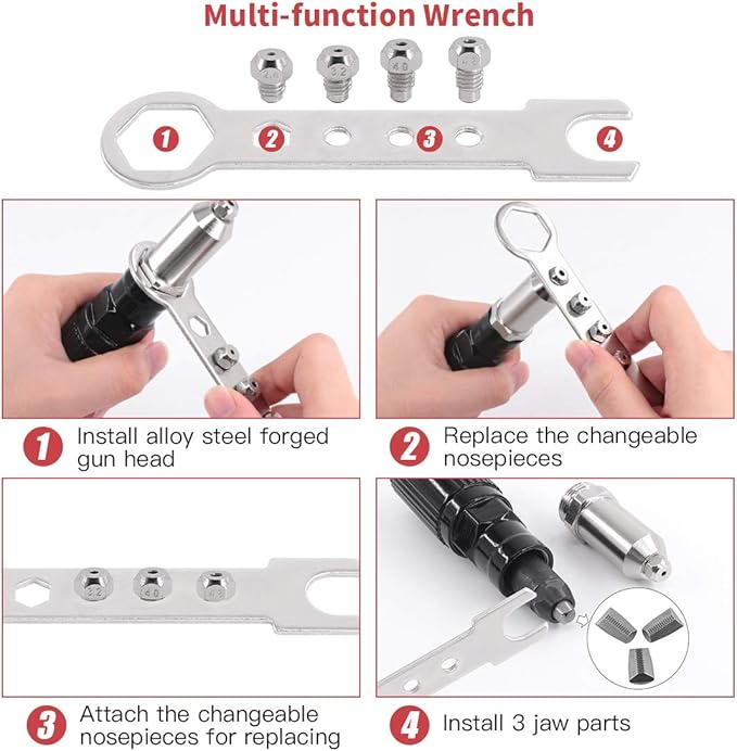 Hilitchi Professional Rivet Gun Adapter Kit with 210Pcs M3 M4 M5 Aluminum Assorted Rivets, 4Pcs Different Matching Nozzle Bolts, Wrench and Clamping Fixture for Cordless Drill, Sheet Metal Work