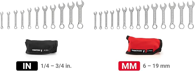TEKTON Stubby Combination Wrench Set, 25-Piece | WCB94403 | (1/4 - 3/4 in., 6 - 19 mm), Wrench Roll, Chrome Finish