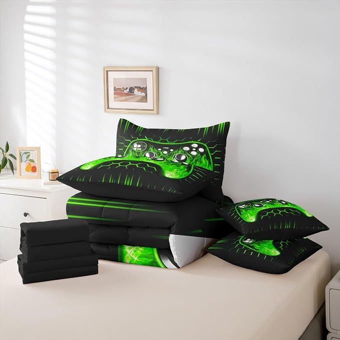 Erosebridal Boys Gaming Comforter Set 7 Piece Bed in a Bag Twin Ombre Art Honeycomb Bedding Set Green Neon Lights Sheet Set Game Console Bed Set Geometric Hexagon Beehive Gaming Room Decor