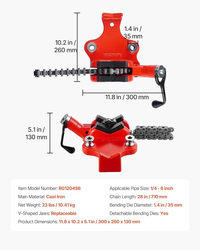 VEVOR Heavy-Duty Pipe Chain Vise, 1/4" - 6" Pipe Capacity, 28" Rugged Chain & Cast Iron Base, Industrial-Grade Pipe Clamping for Plumbing, Automotive Repairs, Metalworking
