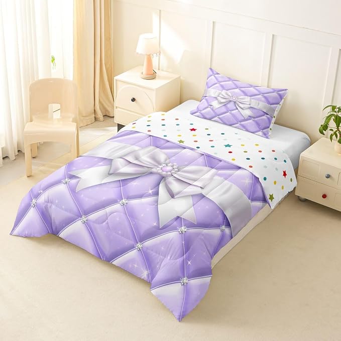 Feelyou Cute Purple Bow Kids Comforter Set Twin Size Glitter Bowknot Bedding Set Princess Duvet Quilt for Kids Boys Girls Bedroom Decor Microfiber Ultra Soft Breathable