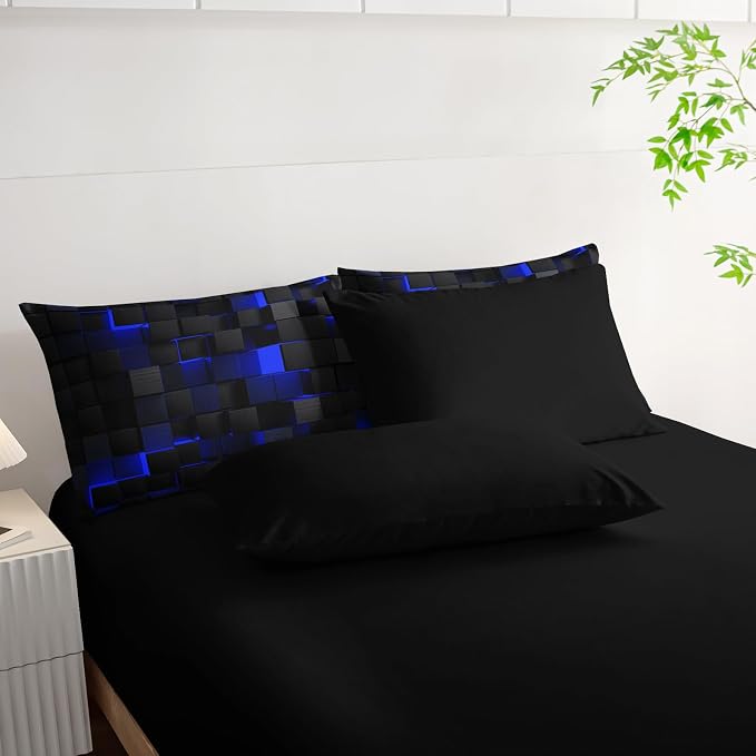 Nttopship Geometric Blue Black Twin Comforter Set,Light Honeycomb Bedding Set 7 Piece in A Bag,Bed Sheet Set Geometry Decor,Microfiber Lightweight All Season