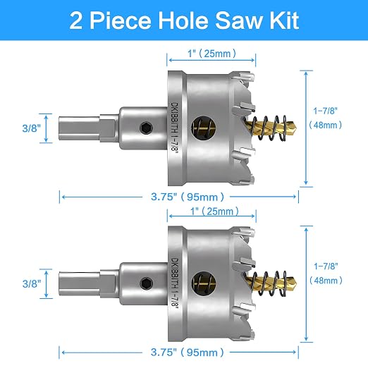 DKIBBITH TCT Hole Saw Set, 2-Pack 1-7/8" (48mm) Heavy Duty Tungsten Carbide Tipped Hole Cutters for Stainless Steel, Copper, Iron, Brass, Plastic with Titanium-Plated Pilot Drill Bits