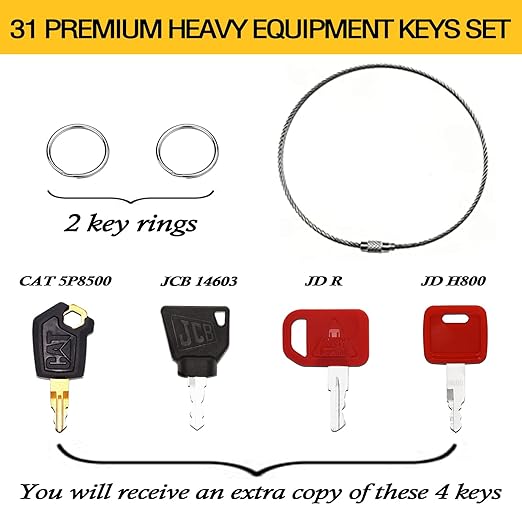YASASHII 31 Heavy Construction Equipment Key Set fits Cat, JD, Case, Komatsu, Hyster, Kubota, JCB, Bobcat, Daewoo, JLG, Toyota & More