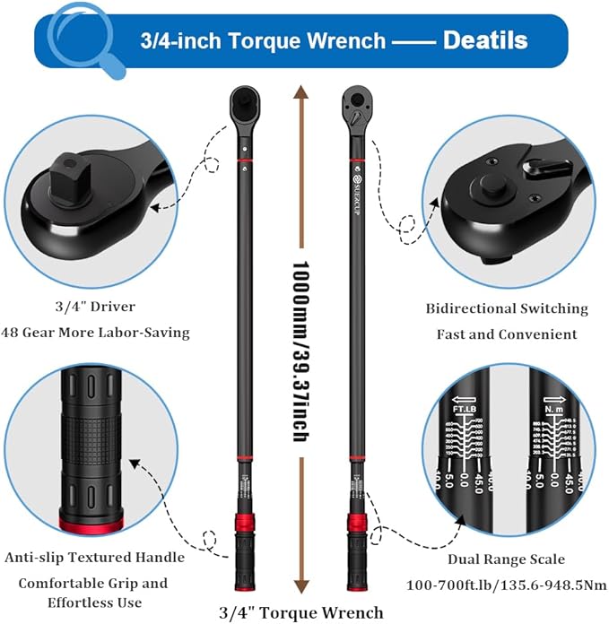 SUERCUP Torque Wrench 3/4-inch, Dual-Direction Adjustable 48 Tooth 100-700ft.lb/135.5-948.5Nm, Drive Click Torque Wrench with Buckle for Car, Truck Maintenance and Product Assembly