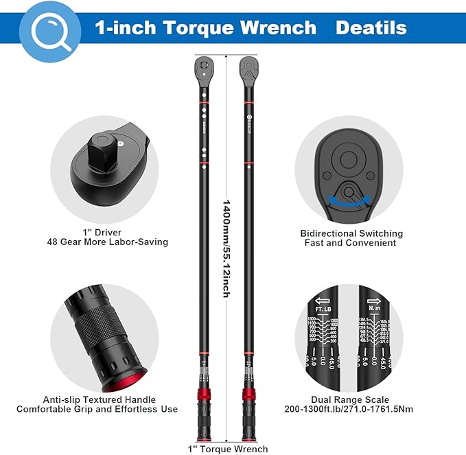 SUERCUP 1-inch Drive Click Torque Wrench, 200-1300Ft-Lb/271-1761.5Nm, 48 Tooth Dual-Direction Click Torque Wrench with a Hex Key for Wind Turbines, Car andTruck Repair etc