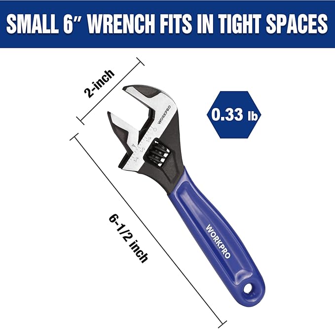 WORKPRO 6-Inch Compact Adjustable Wrench, Wide Jaw Cr-V Steel Black Oxide Finish, for Medium-Duty Use (M6–M16 Bolts), Metric & SAE Scales, for Home, Garage, DIY & Light Workshop Applications