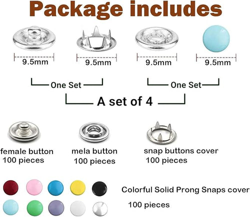 100 Sets Metal Snaps Buttons with Fastener Pliers Press Tool Kit Perfect for DIY Crafts Clothes Hats and Sewing (Colorful Colorful Solid Prong Snaps)
