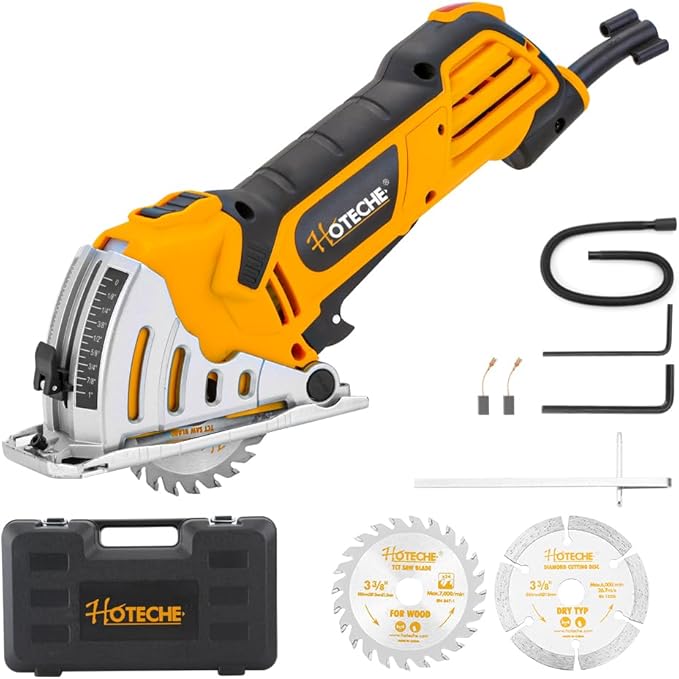 Hoteche 3-3/8-Inch Mini Circular Saw, 500W Compact Electric Circular Saw with 2pcs Blades for Wood, Tile & Soft Metal, Includes Dust Tube, and Parallel Guide
