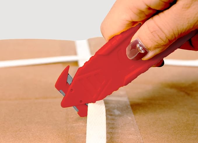 T TOVIA Safety Box Cutter Knife of Recessed Concealed Stainless Steel Blade, Package Opener Plastic Cutter for Box, Carton, Shrink Wrap, Plastic Straps,10pcs RED