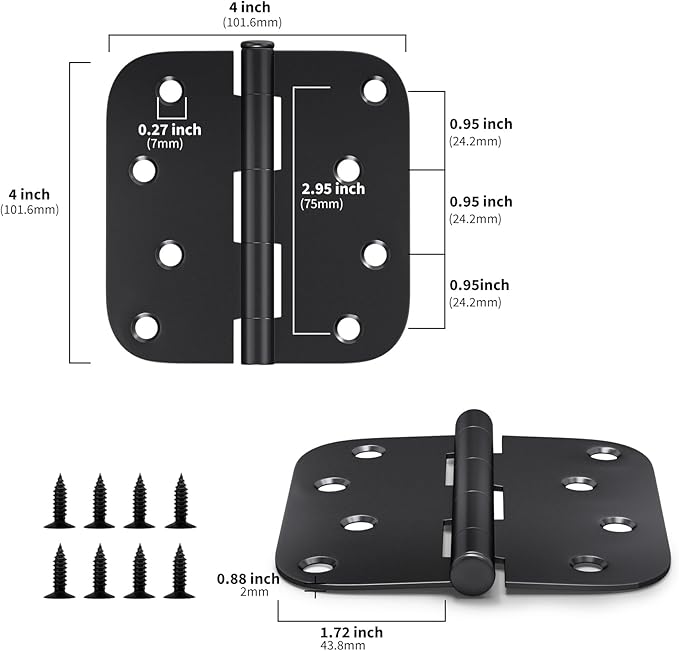 goldenwarm Pack of 3 Matte Black Heavy Duty Iron Door Hinges, 4 Inch x 4 Inch Interior and Exterior Black Door Hinges with 5/8" Radius Corners