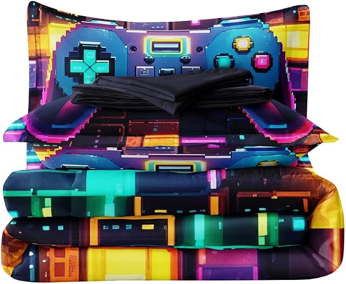 5 Pieces Geometry Gaming Comforter Set Full,Gaming Bedding Set for Boys,Full Comforter Set for Boys,Kids Comforter Full