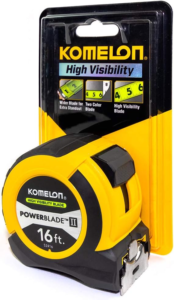 Komelon 16' x 1.06" Powerblade II Tape Measure, ABS Case, Yellow/Black, 52416