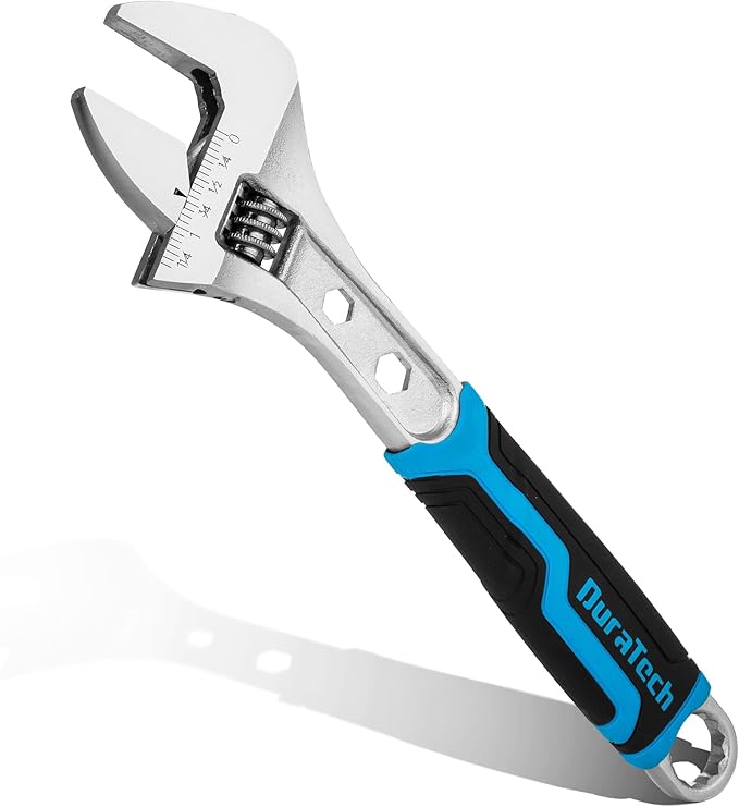DURATECH 10 Inch Adjustable Wrench, 3-in-1 Spanner | Box End, Hex Function, CR-V Steel, Metric & SAE Scales, Chrome-plated, Bi-material Soft Grip