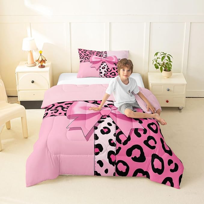 Feelyou Pink Leopard Print Comforter Set All Season Cheetah Bow Bedding Set with 1 Pillow Cases Animal Fur Microfiber Kids Twin Bedclothes Bedroom Decor Duvet Quilt Breathable Soft Lightweight