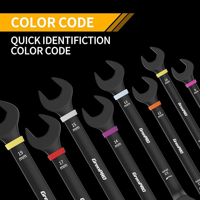 GRENPRO 9PC Metric Ratcheting Wrench Set 8-19mm Long Combination Open End | Includes Bolt Gauge, Electro-Coated CR-V Steel, 72-Tooth 5Deg Swing 12Pt Color Rings, Roll Pouch for Auto & Home Repair