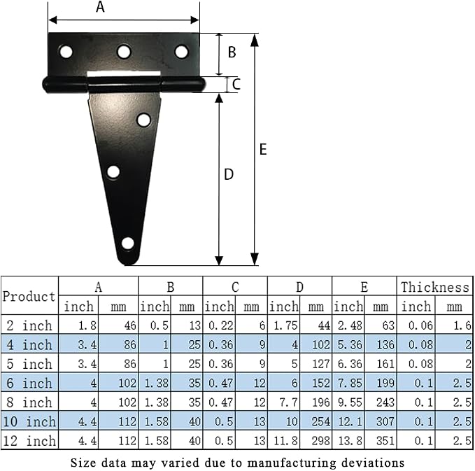 HLMOptimo Heavy Duty T Hinge, 2 pcs, 8 Inch, Black, Powder Coated, Carbon Steel