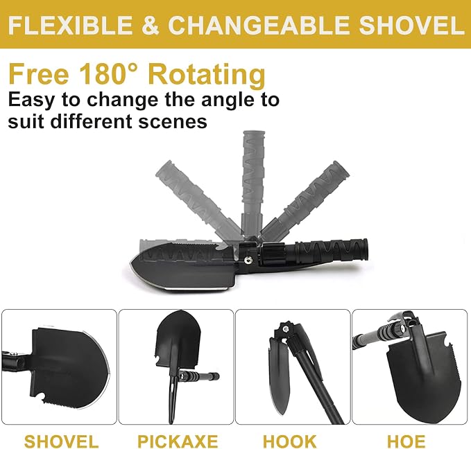 Survival Shovel, (28.3'') Camping Folding Shovel, Military Spade Multitool, Tactical Trench Tool, with Pickaxe, Compass, Whistle, Molle Bag for Digging, Metal-Detecting, Off Roading, Emergency