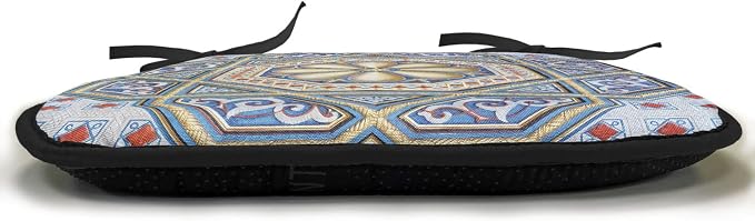 Lunarable Moroccan Chair Cushion Pads Set of 8, Image of a Carving Art Flower Doorway Entrance Geometric, Anti-Slip Seat Padding for Kitchen & Patio, 16"x16", Blue Pale Yellow Redwood