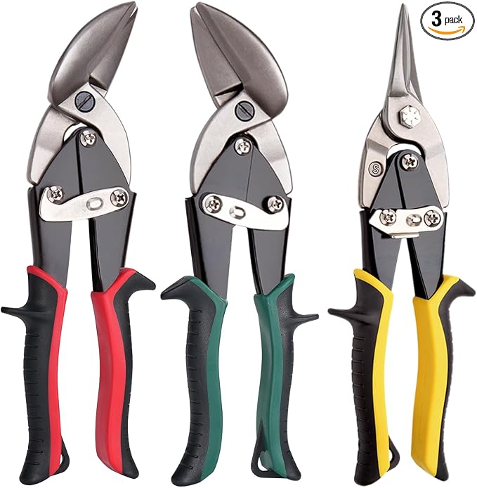 Aviation Tin Snips Set, Straight Heavy Duty Left and Right Tin Cutting Shears, 3-Piece Metal Cutters With Comfort Grips and Safety Latch