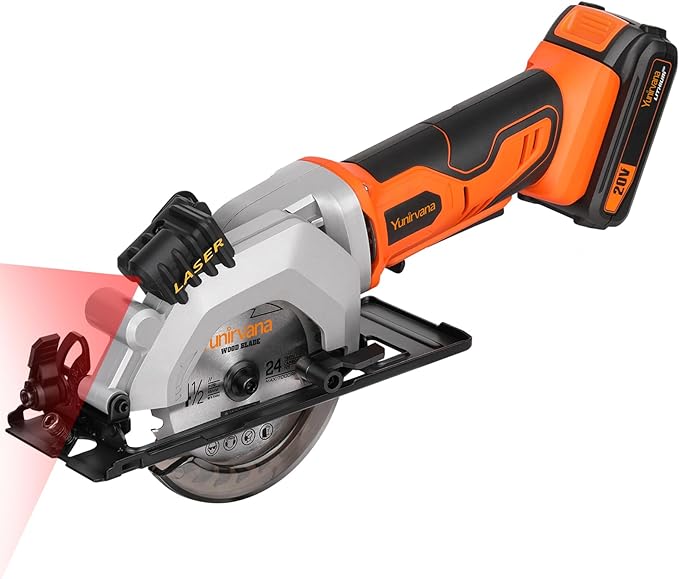 Yunirvana Mini Circular Saw, 20V 3400RPM Professional Cordless Circular Saw, Adjustable Angle and Depth,Max Cutting Depth 1-2/3"(90°), 1-1/8"(45°), Laser Guide, Rip Guide