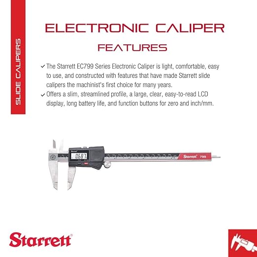 Starrett Stainless Steel Electronic Slide Caliper - 0-8" Range, .0005" Resolution, LCD Display, Fine Adjustment Thumb Wheel, in/mm Conversion - EC799A-8/200