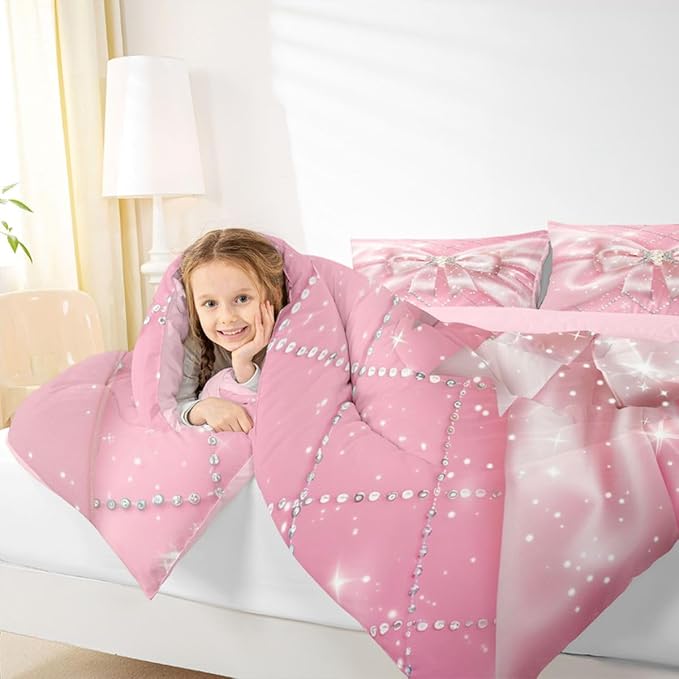 Feelyou Pink Bowknot Comforter Set King Size Glitter Bow Bedding Set for Kids Boys Girls Dreamy Princess Duvet Quilt Bedroom Decor Microfiber 3 Pcs with 2 Pillow Cases