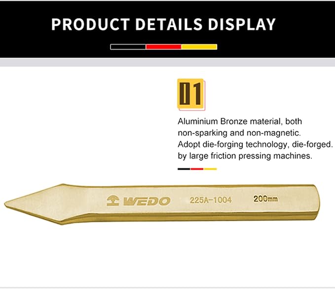 WEDO Non-Sparking Flat Chisel Pointy Head,Cold Chisel,Aluminum Bronze,4x7x200mm,BAM & FM Certificate,Cone Chisel for Carpentry, Metalwork, Woodwork & Masonry work
