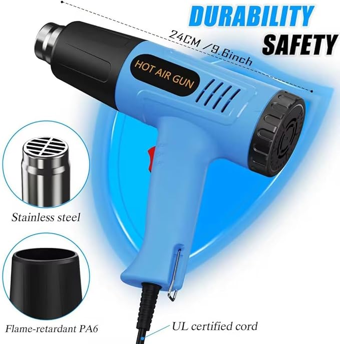 Heat Gun, 110V Adjustable Hot Air Gun with 4 Nozzles, Rear Rotating Temp Control, 50-650℃ (122-1202℉）Range, Overload Protection, 4.9FT Cord Portable Handheld Heat Gun' for Crafts, Shrink Wrap