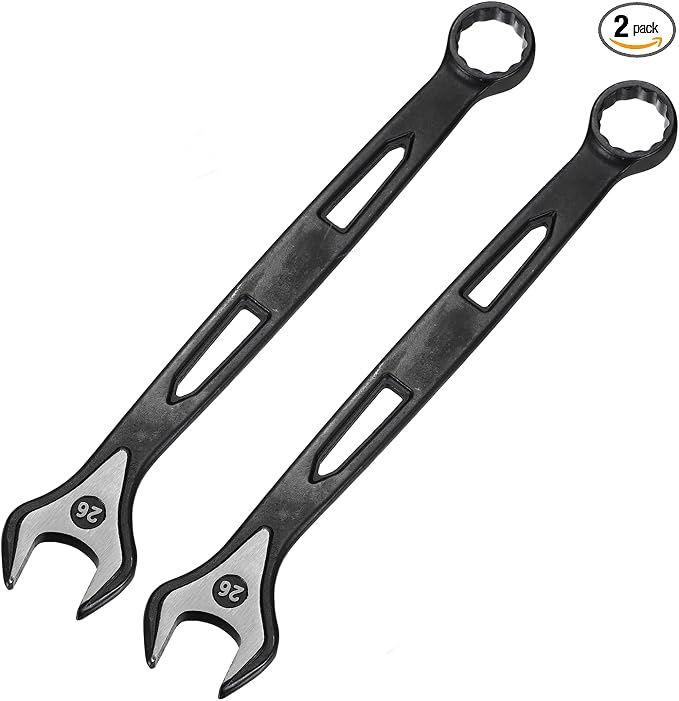HARFINGTON 2pcs Combination Wrench 26mm Metric Extra Long 12-Point Box and Open End Carbon Steel Double Ended Industrial Grade Spanner for Automotive Furniture Machinery DIY Repair, Black