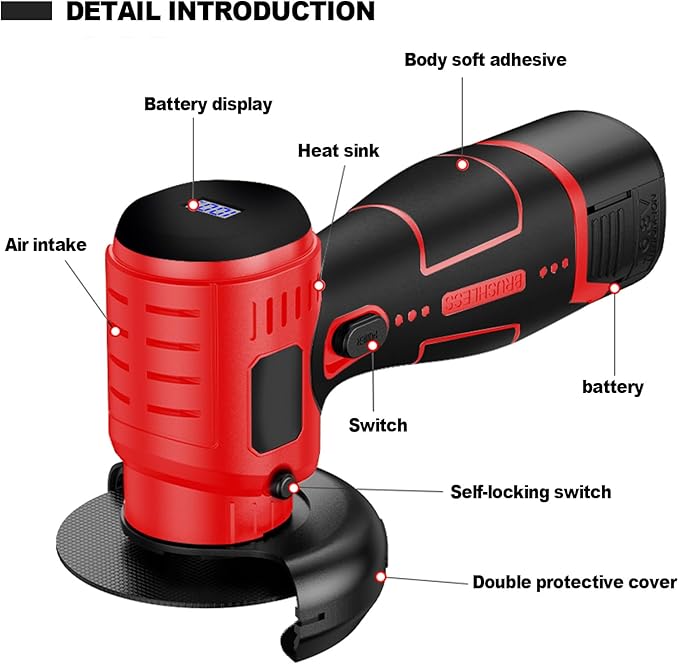 ZFULVO Brushless Cordless Angle Grinder Kit, 19500rpm Mini Electric Angle Grinding Tool with 2x16.8V 2000mAh Battery and 6-Cutting Discs, Grinder Handheld Cutter for Metal Wood