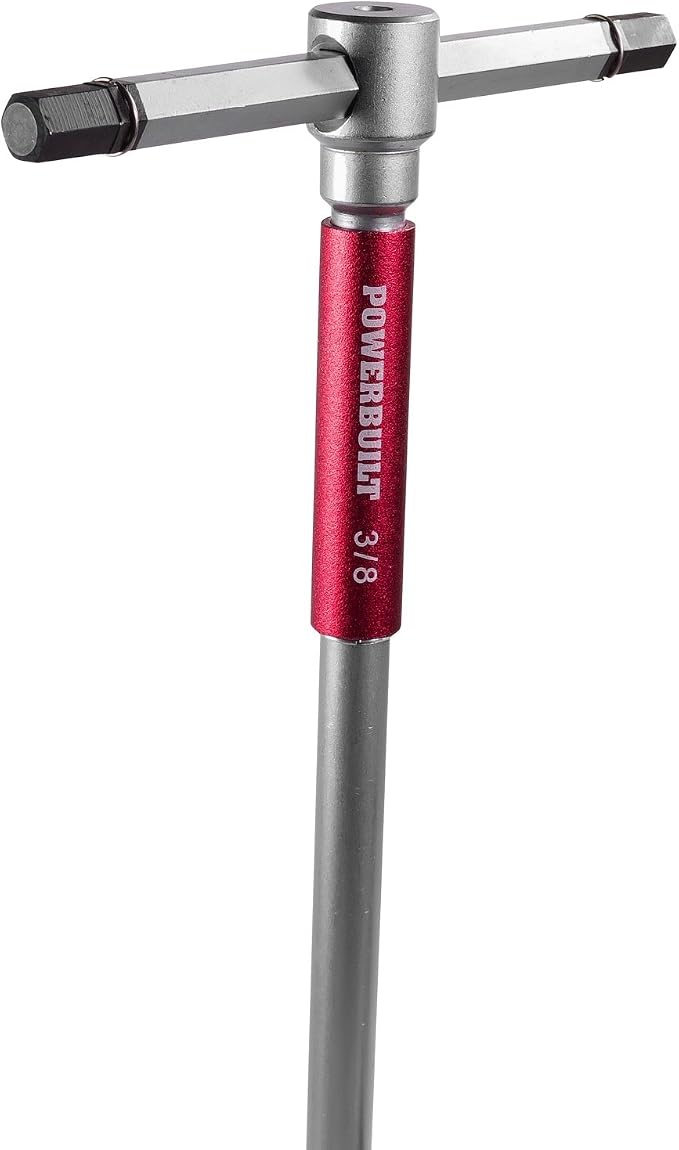 Powerbuilt 8 Pc SAE T-Handle Hex Allen Key Wrench Set w/ Speed Sleeves for Fast Spinning Action, Sliding Top Handle for “T” or “L” Shape, Long Shafts, Storage Rack, Auto, Bicycle, Moto - 941644 , Red
