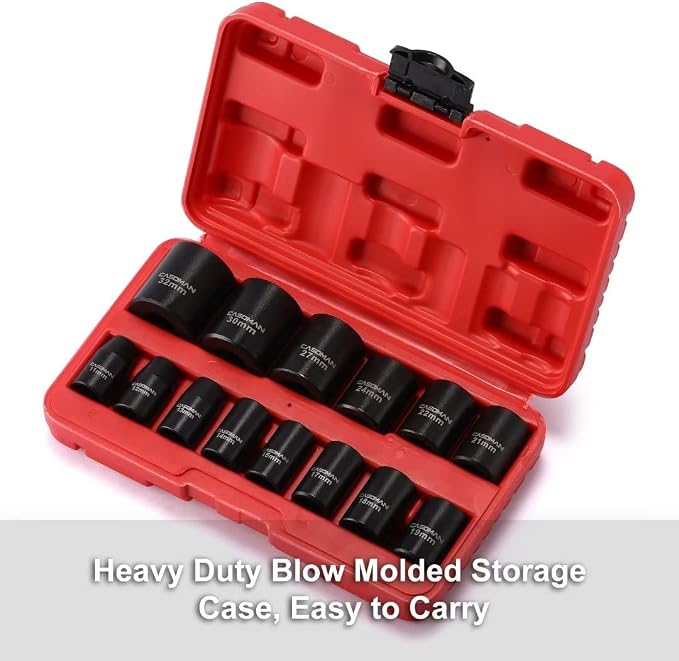 CASOMAN 14 Pieces 1/2-Inch Drive Shallow Impact Socket Set, Metric, 6-Point, 11mm to 32mm